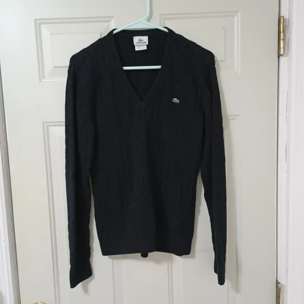 Lacoste Men's V Neck Cable Knit Black Sweater Size 44